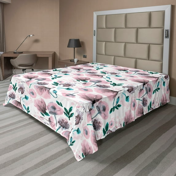 Ambesonne Floral Flat Bedding Sheet Soft Top Sheet, Pastel Dreamy Poppy Garden, Queen, Dark Teal and Pale Pink