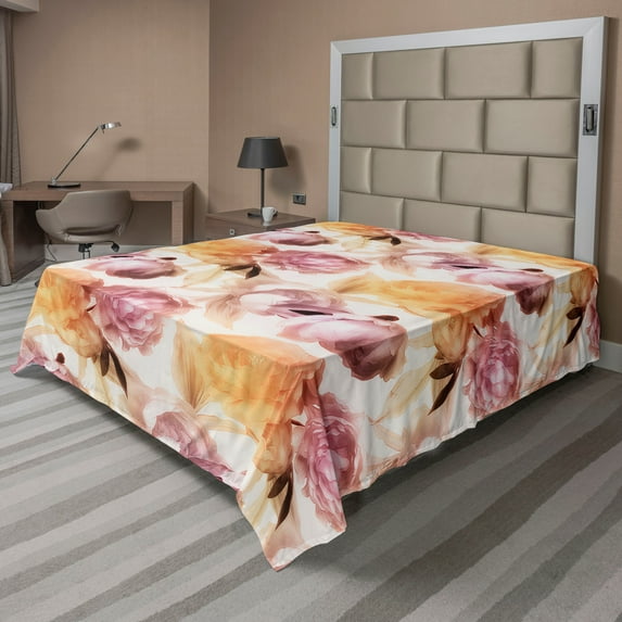 Ambesonne Floral Flat Bedding Sheet Soft Top Sheet, Pastel Peony Petals Romance, California King, Pale Pink and Dark Peach