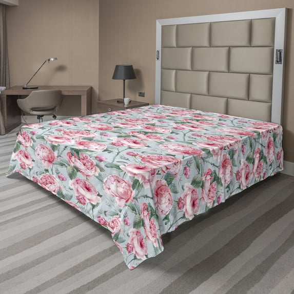 Ambesonne Floral Flat Bedding Sheet Soft Top Sheet, Pastel Pink Peony Flowers, Full, Pale Blue Pastel Pink
