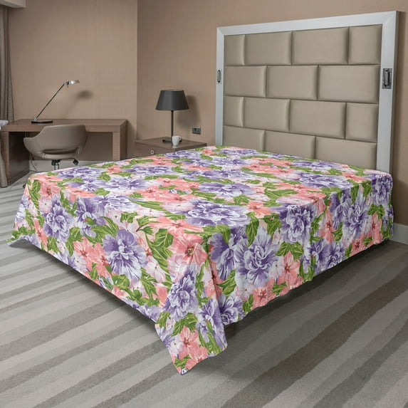 Ambesonne Floral Flat Bedding Sheet Soft Top Sheet, Pastel Romantic Flowers Art, California King, Pale Lavender and Fern Green