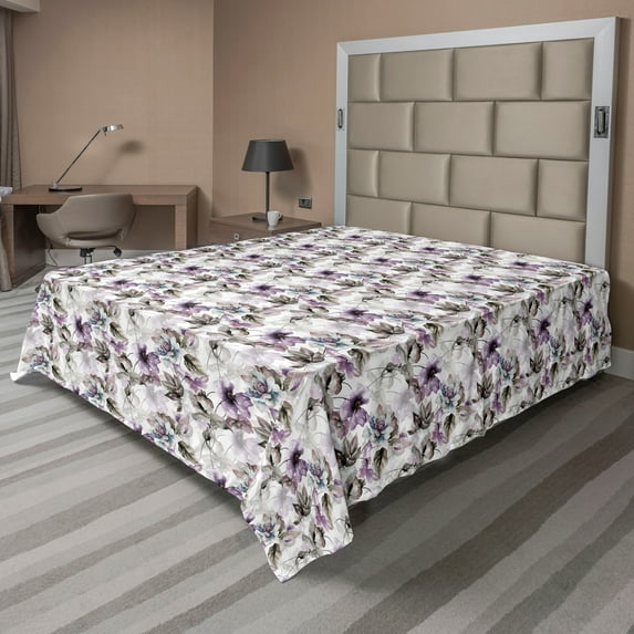 Ambesonne Floral Flat Bedding Sheet Soft Top Sheet, Pattern of Blooming Flowers, Queen, Lilac White and Slate Brown