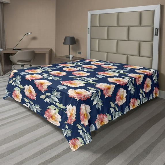 Ambesonne Floral Flat Bedding Sheet Soft Top Sheet, Peonies Flowers at Night Art, King, Coral Beige Night Blue
