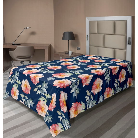 Ambesonne Floral Flat Bedding Sheet Soft Top Sheet, Peonies Flowers at Night Art, Twin, Coral Beige Night Blue