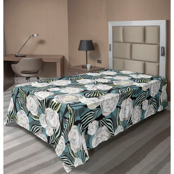 Ambesonne Floral Flat Bedding Sheet Soft Top Sheet, Peonies Scenery Nature Art, Twin XL, Pale Slate Blue and White