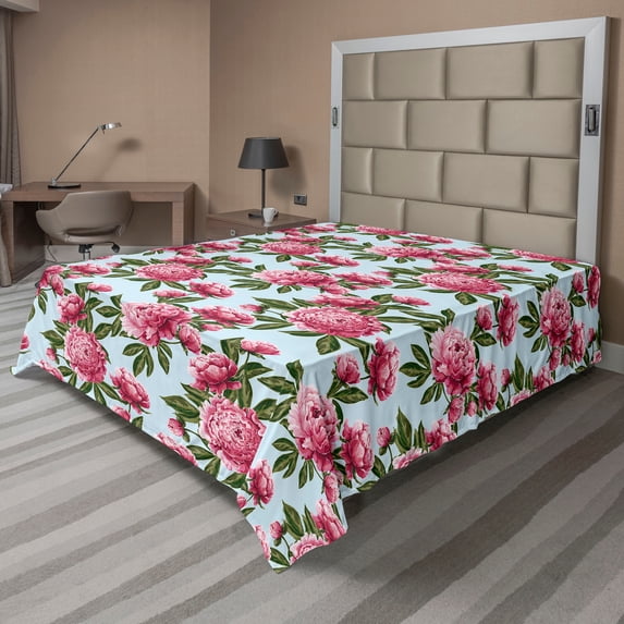 Ambesonne Floral Flat Bedding Sheet Soft Top Sheet, Peonies and Sky Art Print, King, Pink Green and Soft Blue