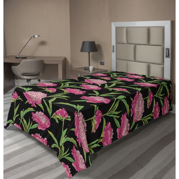 Ambesonne Floral Flat Bedding Sheet Soft Top Sheet, Peonies on Dark Background, Twin XL, Hot Pink and Reseda Green