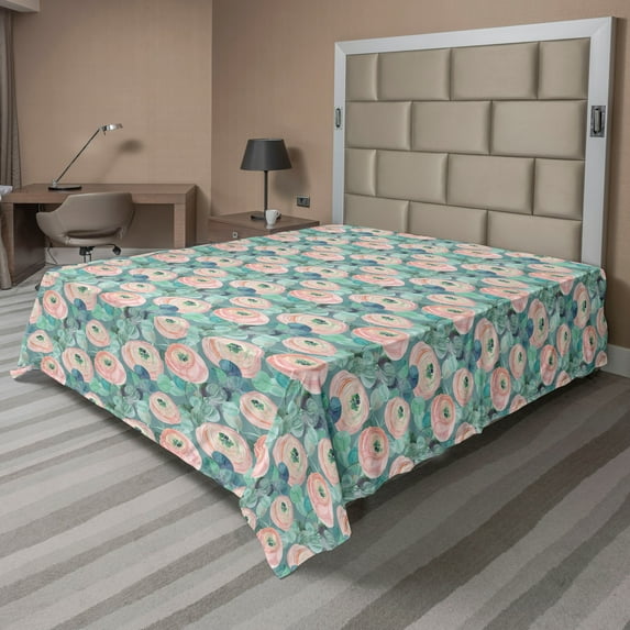 Ambesonne Floral Flat Bedding Sheet Soft Top Sheet, Peony Eucalyptus Foliage Art, King, Laurel Green and Pale Teal