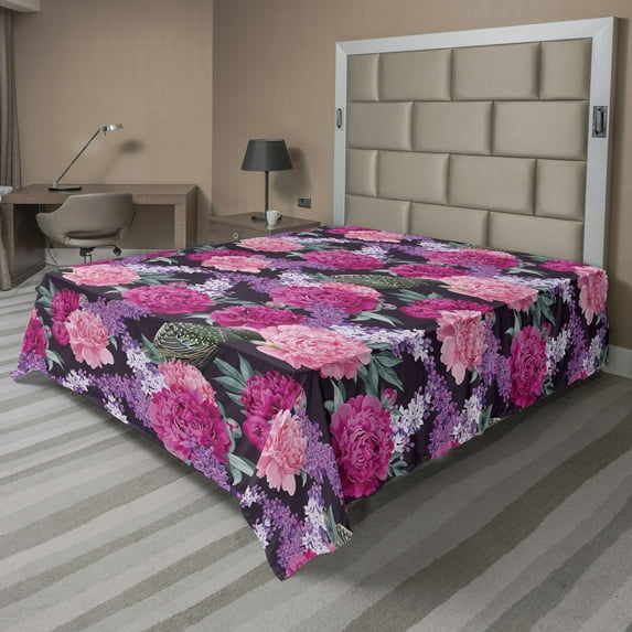 Ambesonne Floral Flat Bedding Sheet Soft Top Sheet, Peony Flowers Birds Garden, Queen, Magenta and Cadet Blue