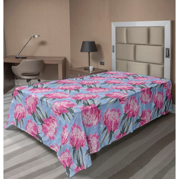 Ambesonne Floral Flat Bedding Sheet Soft Top Sheet, Pink Peony Flowers Vintage, Twin XL, Pale Fuchsia and Sea Green