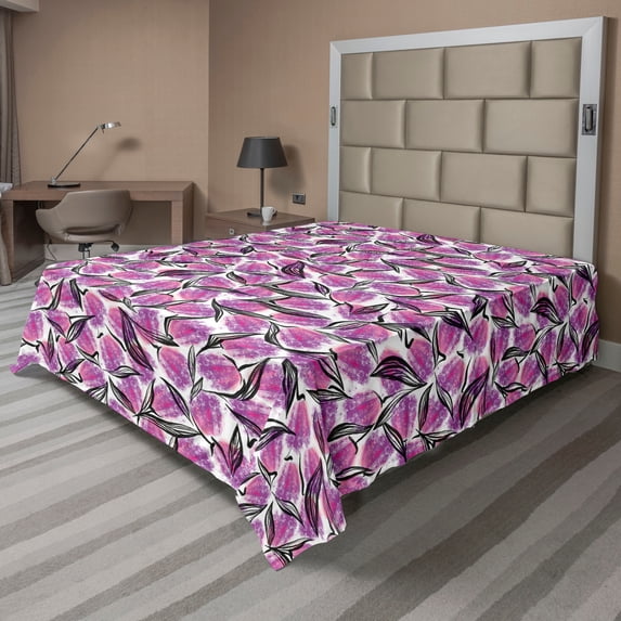 Ambesonne Floral Flat Bedding Sheet Soft Top Sheet, Print Neutral Colors Flowers, Queen, Hot Pink Charcoal Grey
