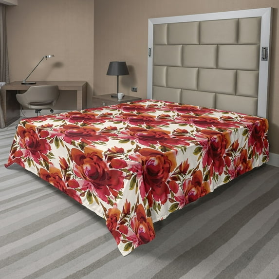 Ambesonne Floral Flat Bedding Sheet Soft Top Sheet, Red Flowers Watercolor Retro, King, Burnt Sienna and Green Brown