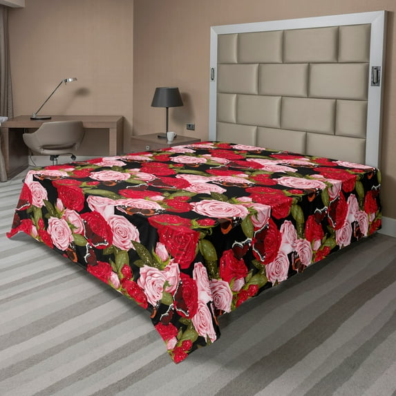 Ambesonne Floral Flat Bedding Sheet Soft Top Sheet, Red Pink Roses Butterflies, Full, Dark Coral and Green Brown