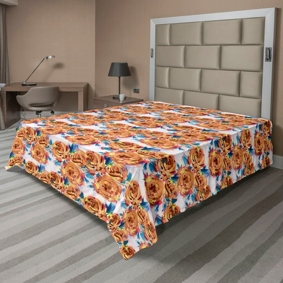 Ambesonne Floral Flat Bedding Sheet Soft Top Sheet, Retro Roses on Pink Backdrop, Full, Ginger Sea Blue Rose