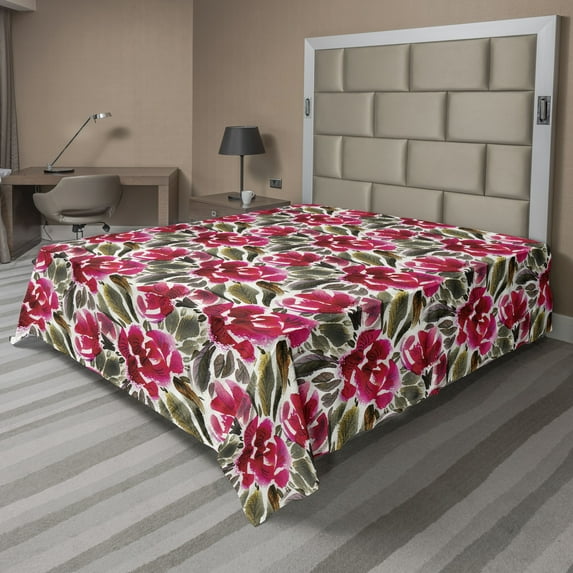 Ambesonne Floral Flat Bedding Sheet Soft Top Sheet, Romantic Flowers Watercolor, King, Hot Pink Fawn and Sepia
