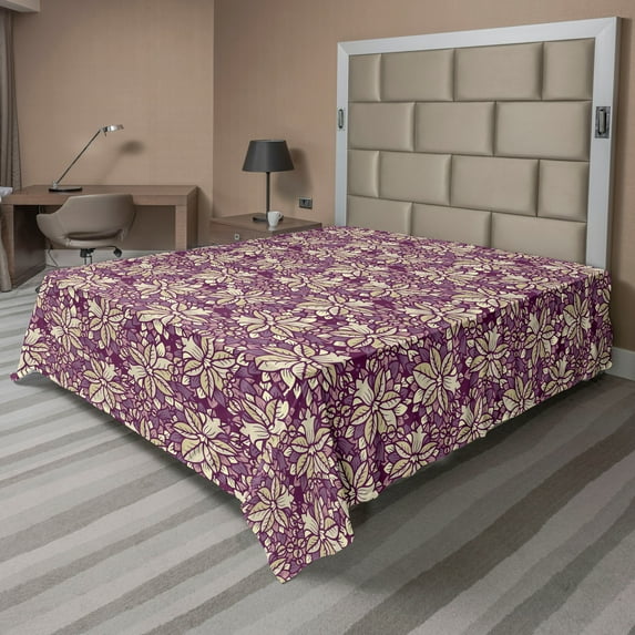 Ambesonne Floral Flat Bedding Sheet Soft Top Sheet, Romantic Italian Foliage, Queen, Eggplant Sage Green and Mauve