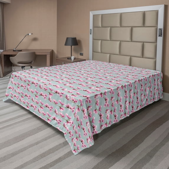 Ambesonne Floral Flat Bedding Sheet Soft Top Sheet, Romantic Magnolia Pattern, King, Pink Pale Blue Grey