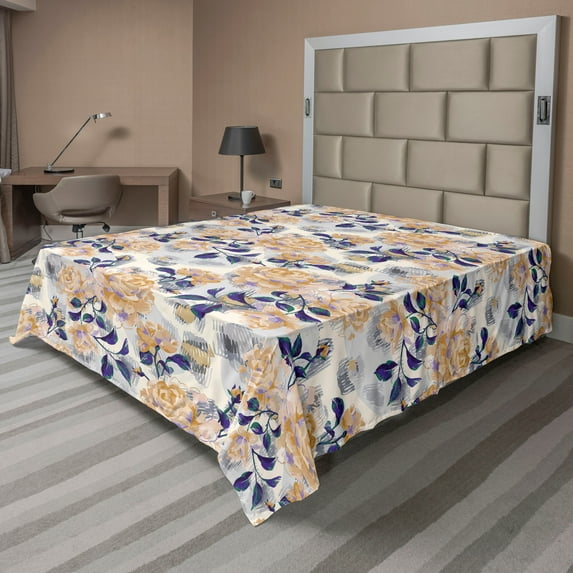 Ambesonne Floral Flat Bedding Sheet Soft Top Sheet, Romantic Rose Leaves Vintage, King, Indigo Cream and Ivory