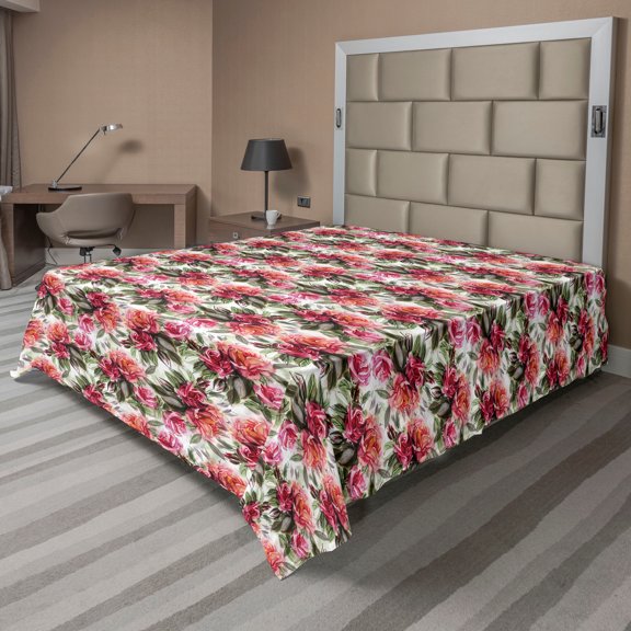 Ambesonne Floral Flat Bedding Sheet Soft Top Sheet, Rose Botanical Scene Plot, Queen, Dark Coral and Army Green