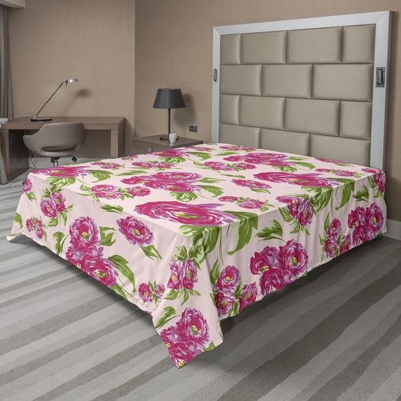 Ambesonne Floral Flat Bedding Sheet Soft Top Sheet, Rose Flowers Vintage Pattern, California King, Dark Coral Reseda Green