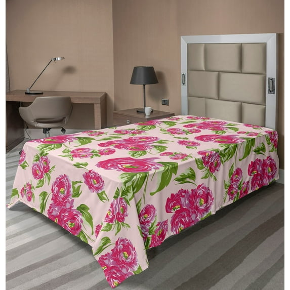 Ambesonne Floral Flat Bedding Sheet Soft Top Sheet, Rose Flowers Vintage Pattern, Twin XL, Dark Coral Reseda Green