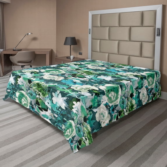 Ambesonne Floral Flat Bedding Sheet Soft Top Sheet, Roses Botanical Watercolor, Queen, Olive Green and Dark Teal