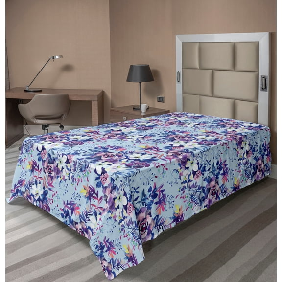 Ambesonne Floral Flat Bedding Sheet Soft Top Sheet, Roses Flowers Colorful Plot, Twin, Blue and Pale Purple