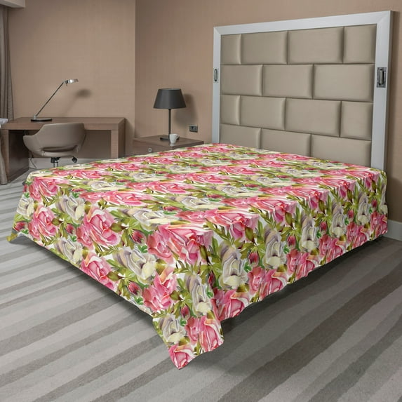 Ambesonne Floral Flat Bedding Sheet Soft Top Sheet, Roses Leaves Watercolor Plot, Queen, Pastel Pink and Apple Green
