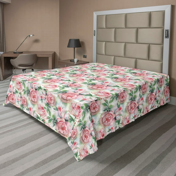 Ambesonne Floral Flat Bedding Sheet Soft Top Sheet, Roses Repetitive Scenery, California King, Reseda Green and Pale Ruby