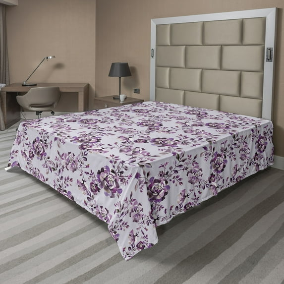 Ambesonne Floral Flat Bedding Sheet Soft Top Sheet, Roses Vintage Botanical Art, California King, Pale Purple Pink and Lilac