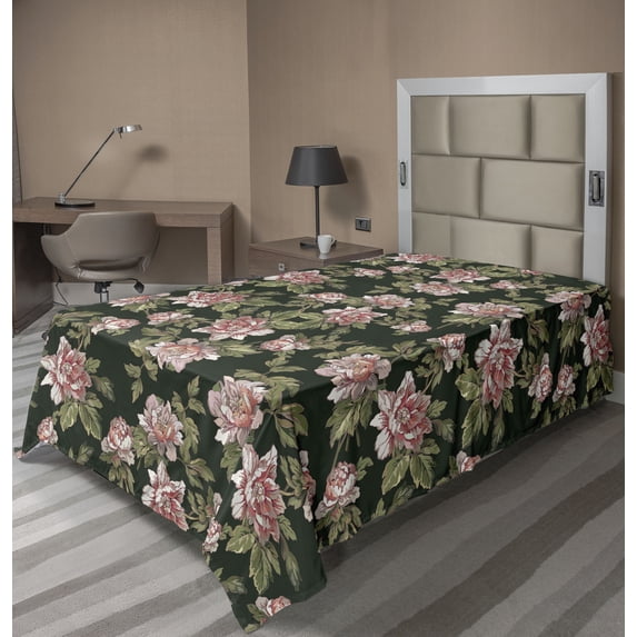 Ambesonne Floral Flat Bedding Sheet Soft Top Sheet, Roses Vintage Feeling Art, Twin XL, Evergreen and Mauve Taupe