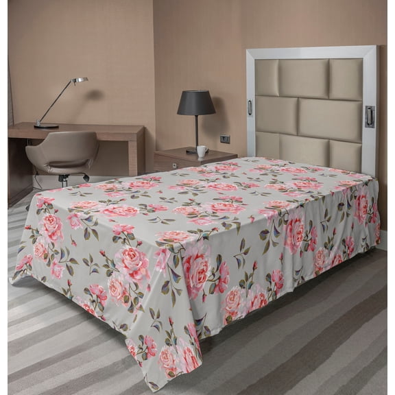 Ambesonne Floral Flat Bedding Sheet Soft Top Sheet, Roses Vintage Garden Art, Twin, Pale Ruby Caramel Fawn