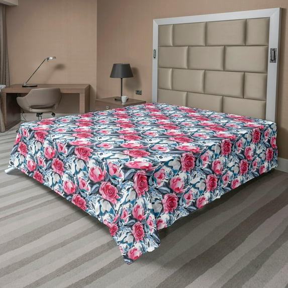 Ambesonne Floral Flat Bedding Sheet Soft Top Sheet, Roses Watercolor Botanical, King, Dark Pink and Sky Blue
