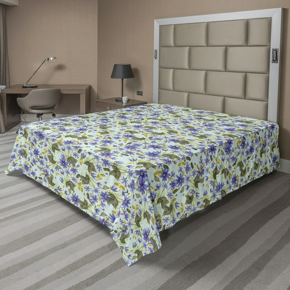 Ambesonne Floral Flat Bedding Sheet Soft Top Sheet, Rustic Bushy Wild Daisies, Full, Mustard Coral Sage Green