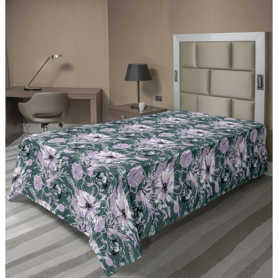Ambesonne Floral Flat Bedding Sheet Soft Top Sheet, Scattered Flower Silhouette, Twin, Dark Teal and Soft Pink