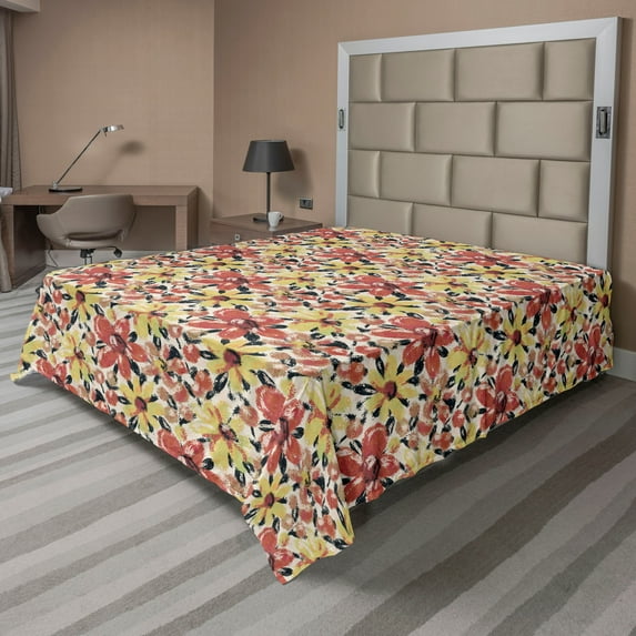 Ambesonne Floral Flat Bedding Sheet Soft Top Sheet, Simplified Flowers Spring, King, Mustard and Dark Salmon