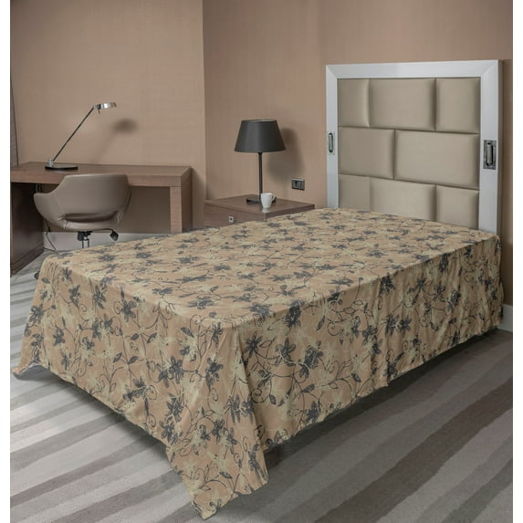 Ambesonne Floral Flat Bedding Sheet Soft Top Sheet, Simplistic Flower Hand-Drawn, Twin, Sand Brown and Dark Blue Grey