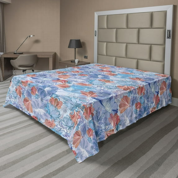 Ambesonne Floral Flat Bedding Sheet Soft Top Sheet, Sketch Flowers Leaves Plot, King, Pale Sky Blue Blush