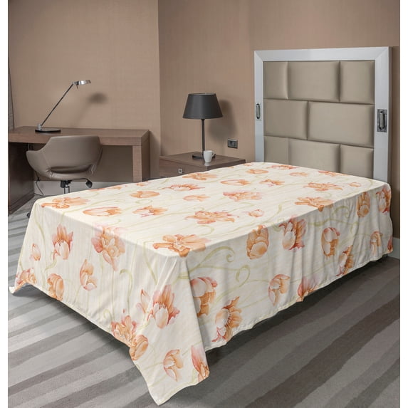 Ambesonne Floral Flat Bedding Sheet Soft Top Sheet, Spring Blossoming Rose Print, Twin, Dark Peach Beige and Khaki