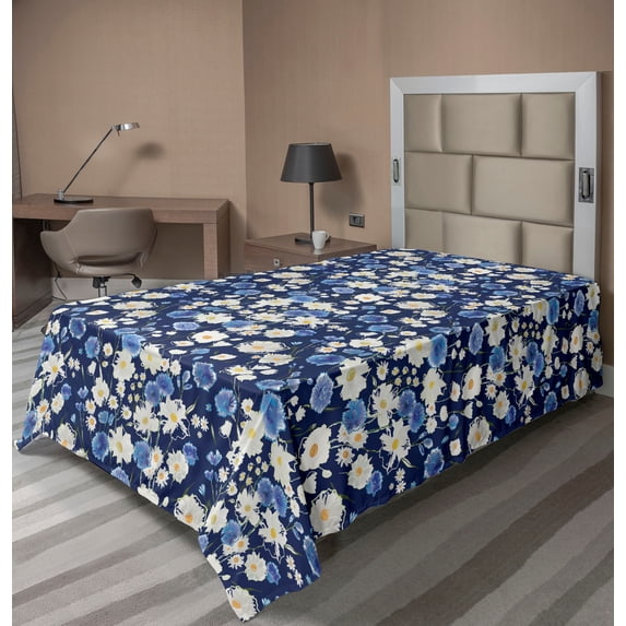 Ambesonne Floral Flat Bedding Sheet Soft Top Sheet, Spring Wildflower Meadow, Twin XL, Blue White Night Blue