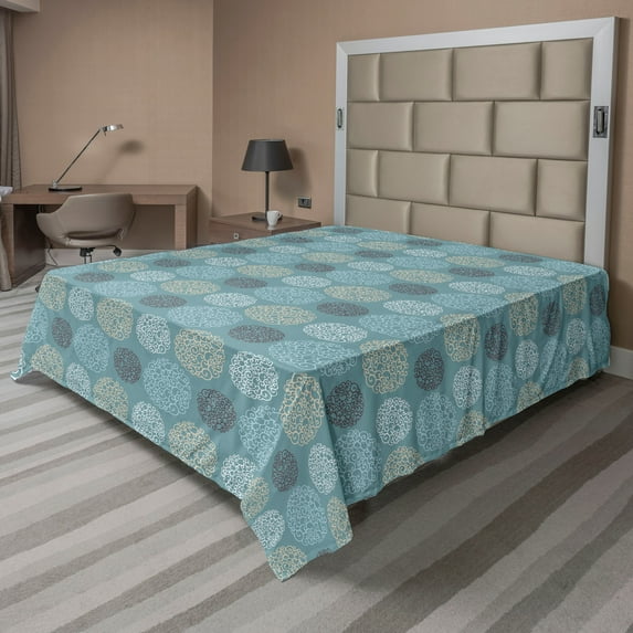 Ambesonne Floral Flat Bedding Sheet Soft Top Sheet, Swirly Floral Lace Design, Queen, Cadet Blue White Ecru