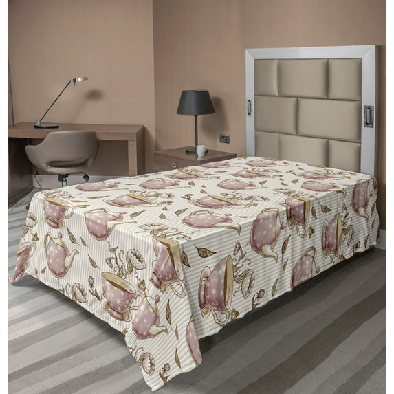 Ambesonne Floral Flat Bedding Sheet Soft Top Sheet, Teapots Cups Flowers Vintage, Twin, Dried Rose Umber Fawn