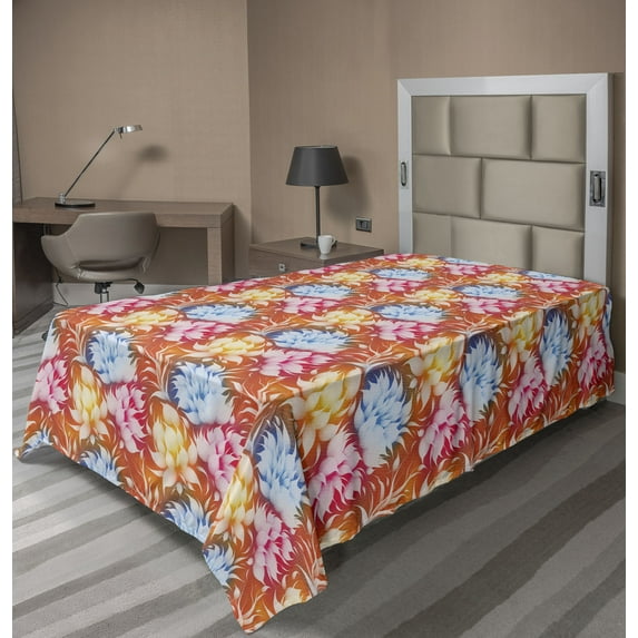 Ambesonne Floral Flat Bedding Sheet Soft Top Sheet, Tropical Flowers Summer Art, Twin XL, Burnt Orange and Sea Blue