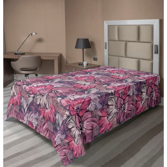 Ambesonne Floral Flat Bedding Sheet Soft Top Sheet, Vintage Art Magnolia Flowers, Twin XL, Pastel Pink and Pale Eggplant