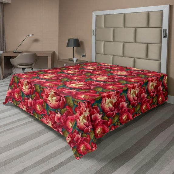 Ambesonne Floral Flat Bedding Sheet Soft Top Sheet, Vintage Flowers Paint Print, Queen, Dark Coral Slate Brown