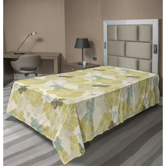 Ambesonne Floral Flat Bedding Sheet Soft Top Sheet, Vintage Flowers Simplified, Twin XL, Pale Yellow Green and Grey