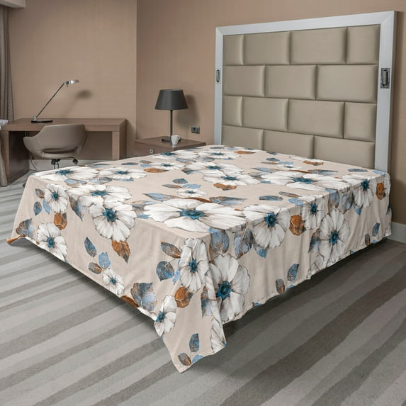 Ambesonne Floral Flat Bedding Sheet Soft Top Sheet, Vintage Flowers Springtime, Queen, Tan Ginger Sea Blue