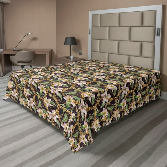 Ambesonne Floral Flat Bedding Sheet Soft Top Sheet, Vintage Lily Flowers Exotics, California King, Dark Purple Green and Pink