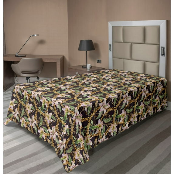 Ambesonne Floral Flat Bedding Sheet Soft Top Sheet, Vintage Lily Flowers Exotics, Twin XL, Dark Purple Green and Pink