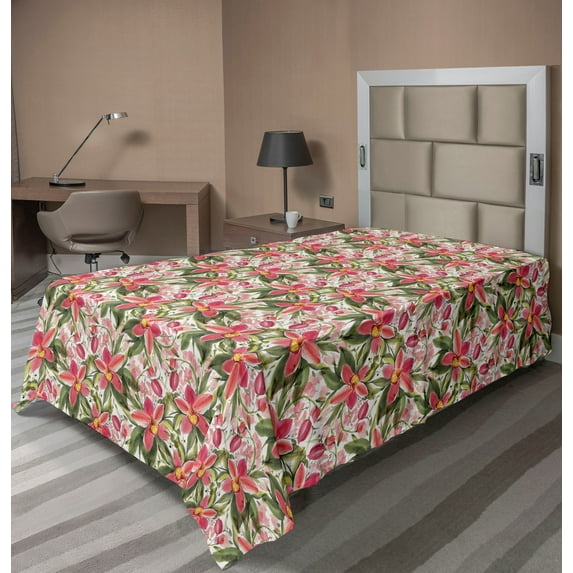 Ambesonne Floral Flat Bedding Sheet Soft Top Sheet, Vintage Orchids Watercolor, Twin, Dark Coral and Sage Green