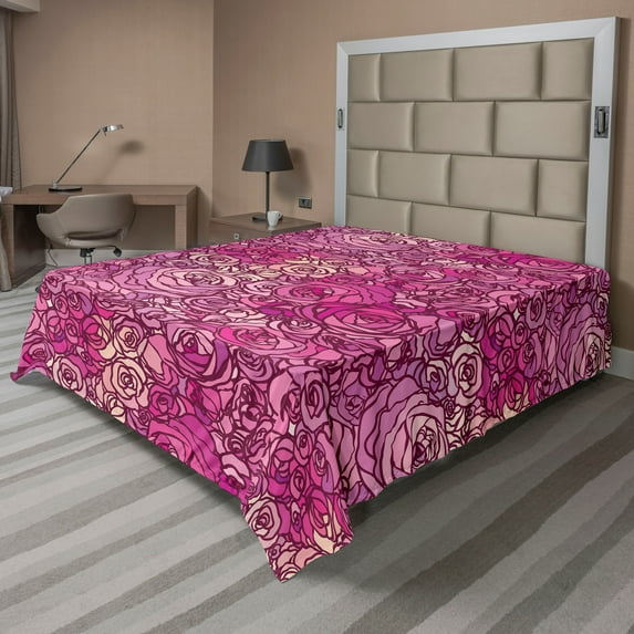 Ambesonne Floral Flat Bedding Sheet Soft Top Sheet, Vintage Rose Flowers Plot, King, Hot Pink and Dark Magenta